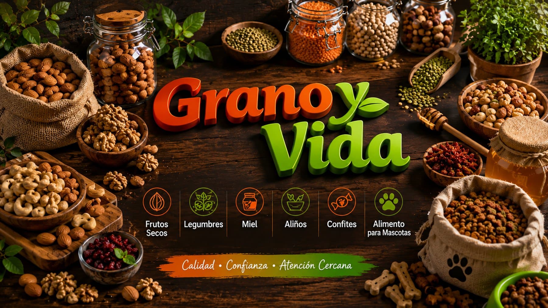 Selección de frutos secos, legumbres y miel de Grano y Vida